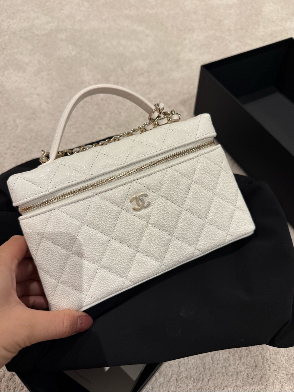 CHANEL White Quilted Vanity-Style Mini Top Handle Bag